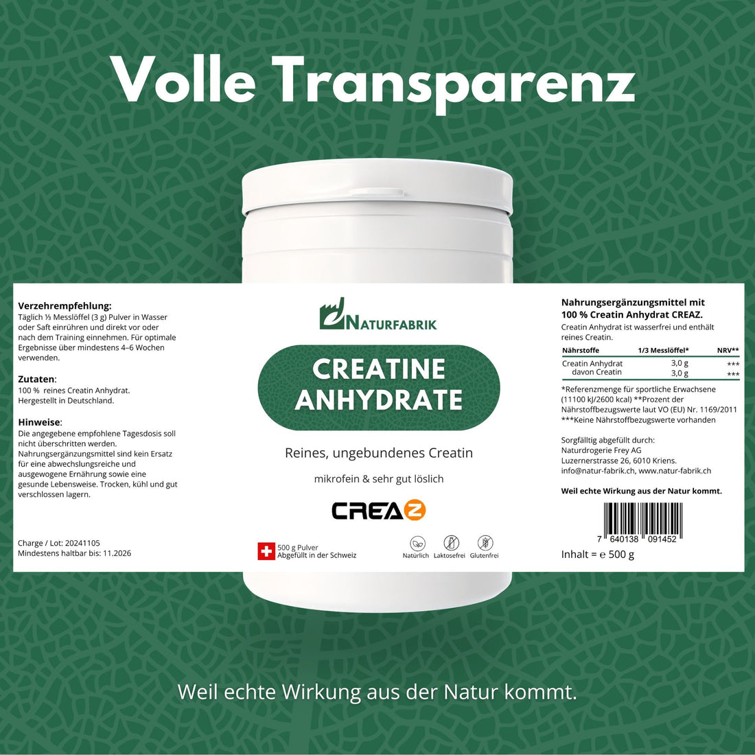 DrogerieMarkt24 - DrogerieMarkt24 NATURFABRIK Creatine Anhydrate CREAZ® 500 g - DrogerieMarkt24