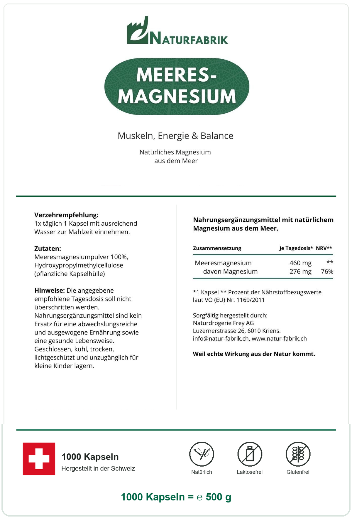 NATURFABRIK Meeresmagnesium Kapseln 1000 Kapseln (BULK Doybag)
