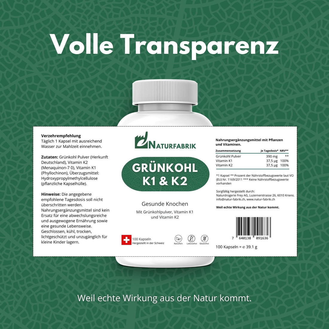 DrogerieMarkt24 - DrogerieMarkt24 NATURFABRIK Grünkohl K1 &amp; K2 Kapseln 100 Stk - DrogerieMarkt24