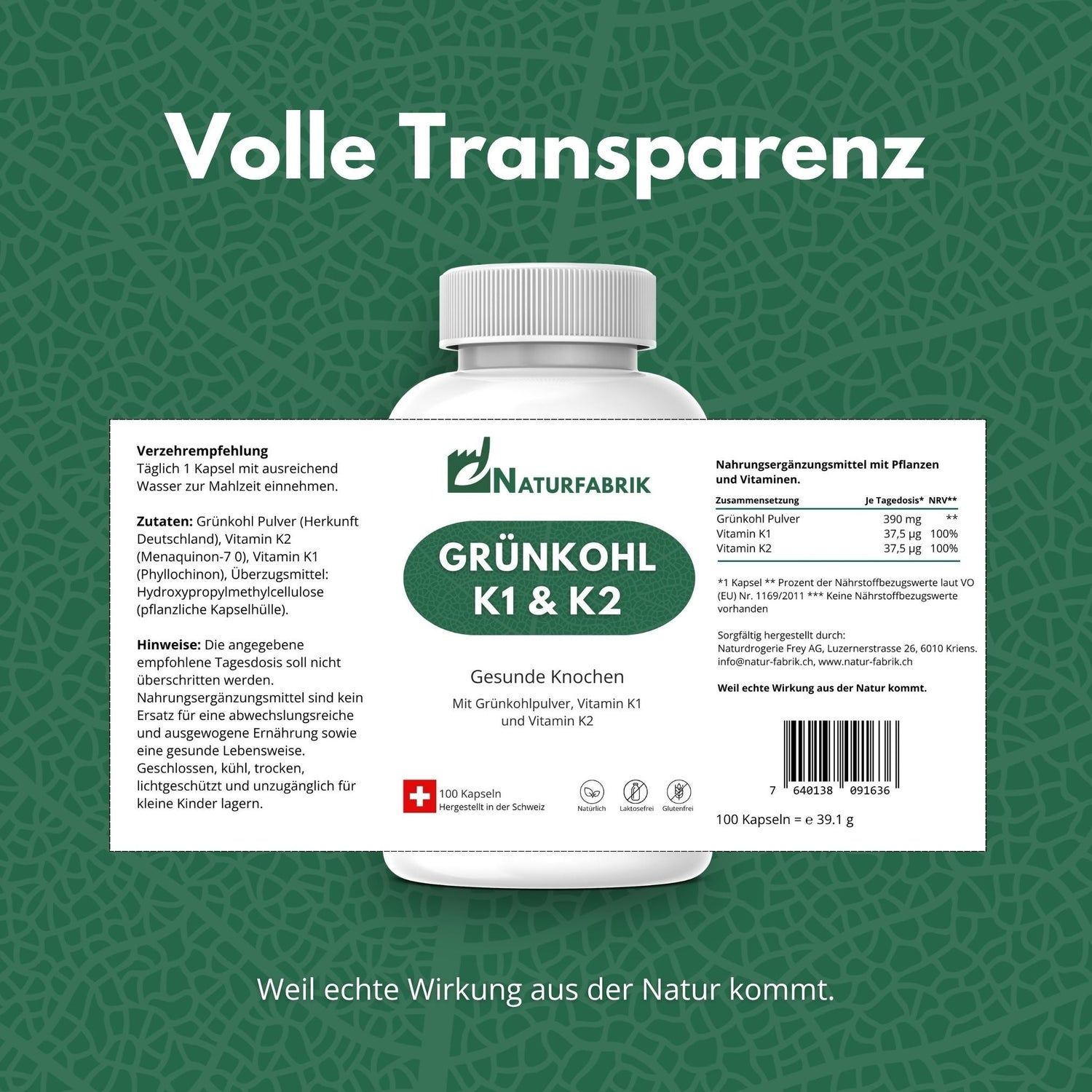 DrogerieMarkt24 - DrogerieMarkt24 NATURFABRIK Grünkohl K1 &amp; K2 Kapseln 100 Stk - DrogerieMarkt24