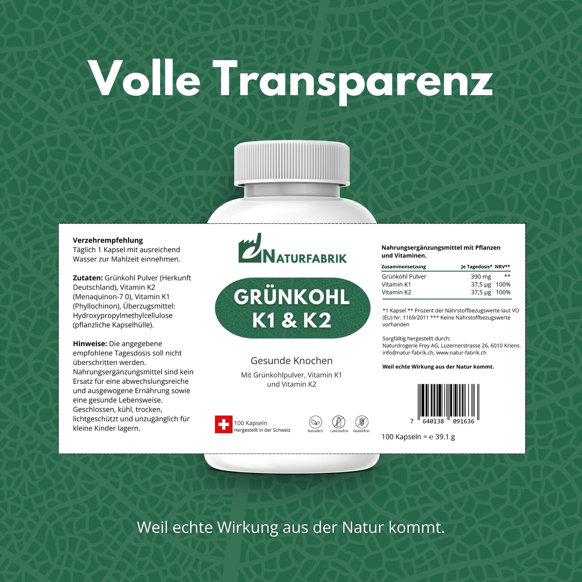 DrogerieMarkt24 - DrogerieMarkt24 NATURFABRIK Grünkohl K1 &amp; K2 Kapseln 100 Stk - DrogerieMarkt24