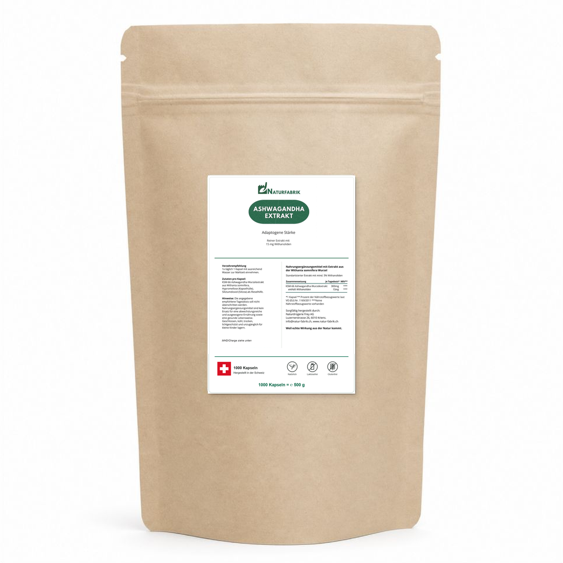 NATURFABRIK Ashwagandha Extrakt Kapseln 1000 Kapseln (BULK Doybag)