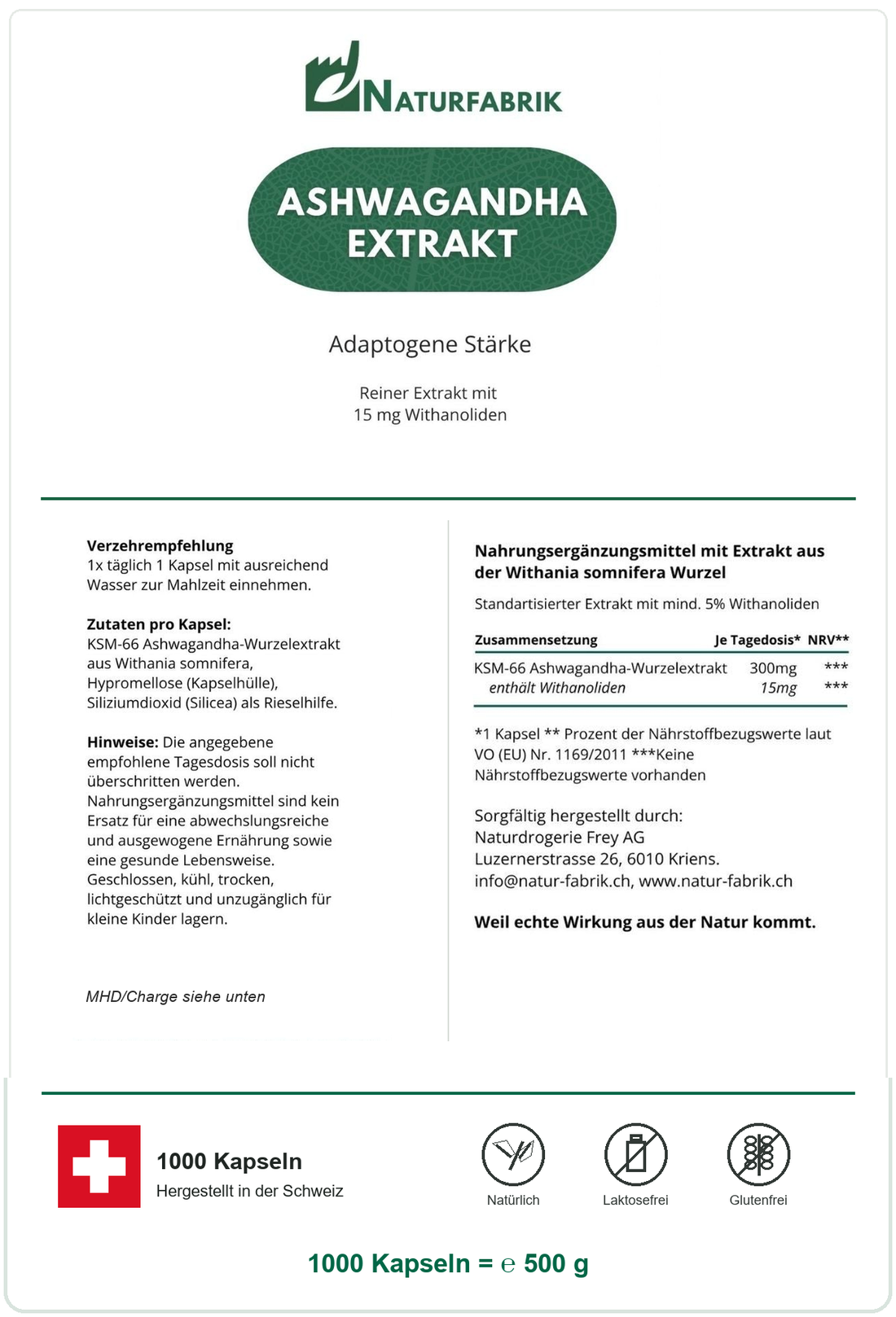 NATURFABRIK Ashwagandha Extrakt Kapseln 1000 Kapseln (BULK Doybag)