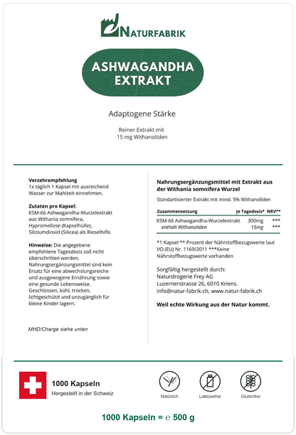 NATURFABRIK Ashwagandha Extrakt Kapseln 1000 Kapseln (BULK Doybag)