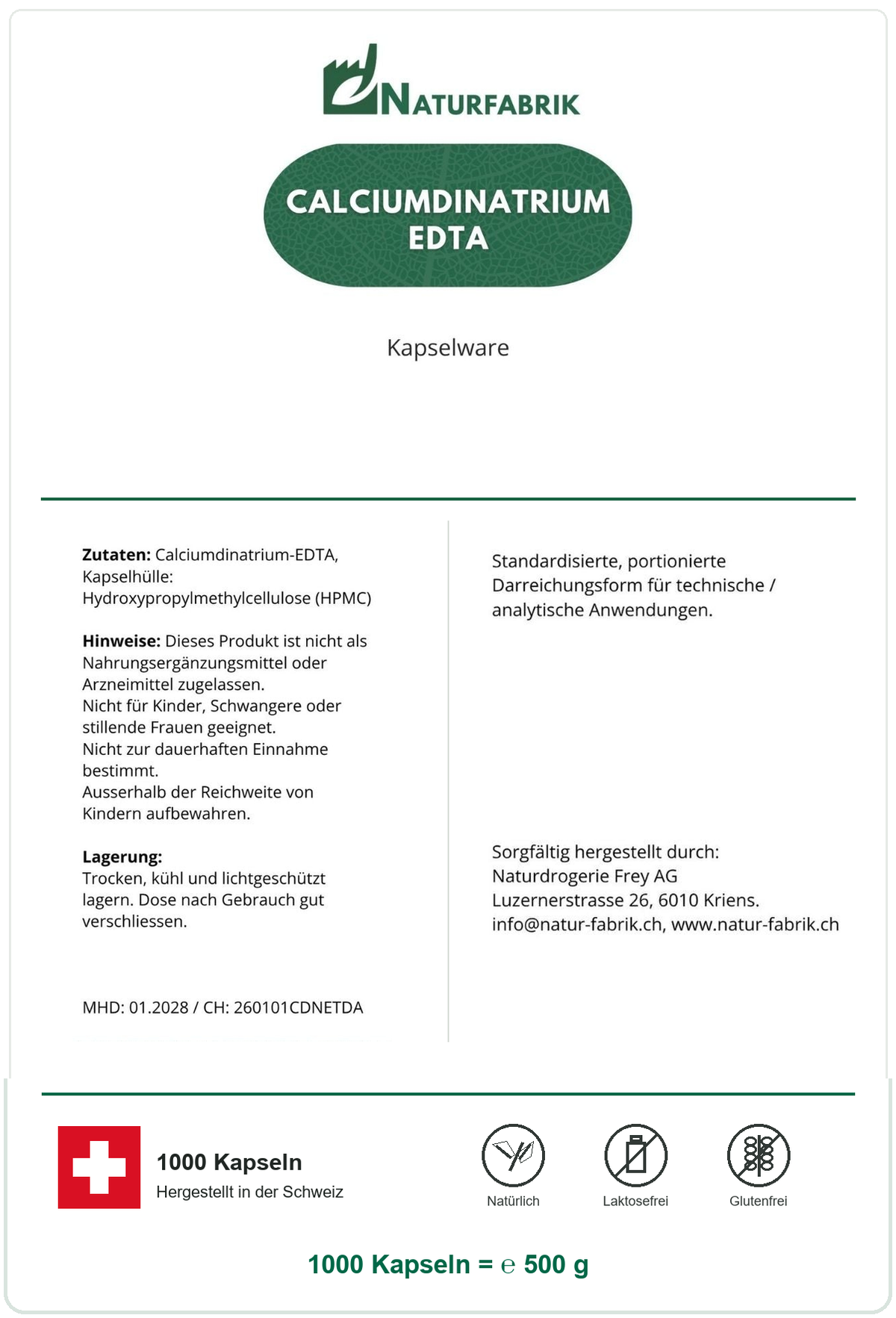 NATURFABRIK Calciumdinatrium EDTA Kapseln 1000 Kapseln (BULK Doybag)