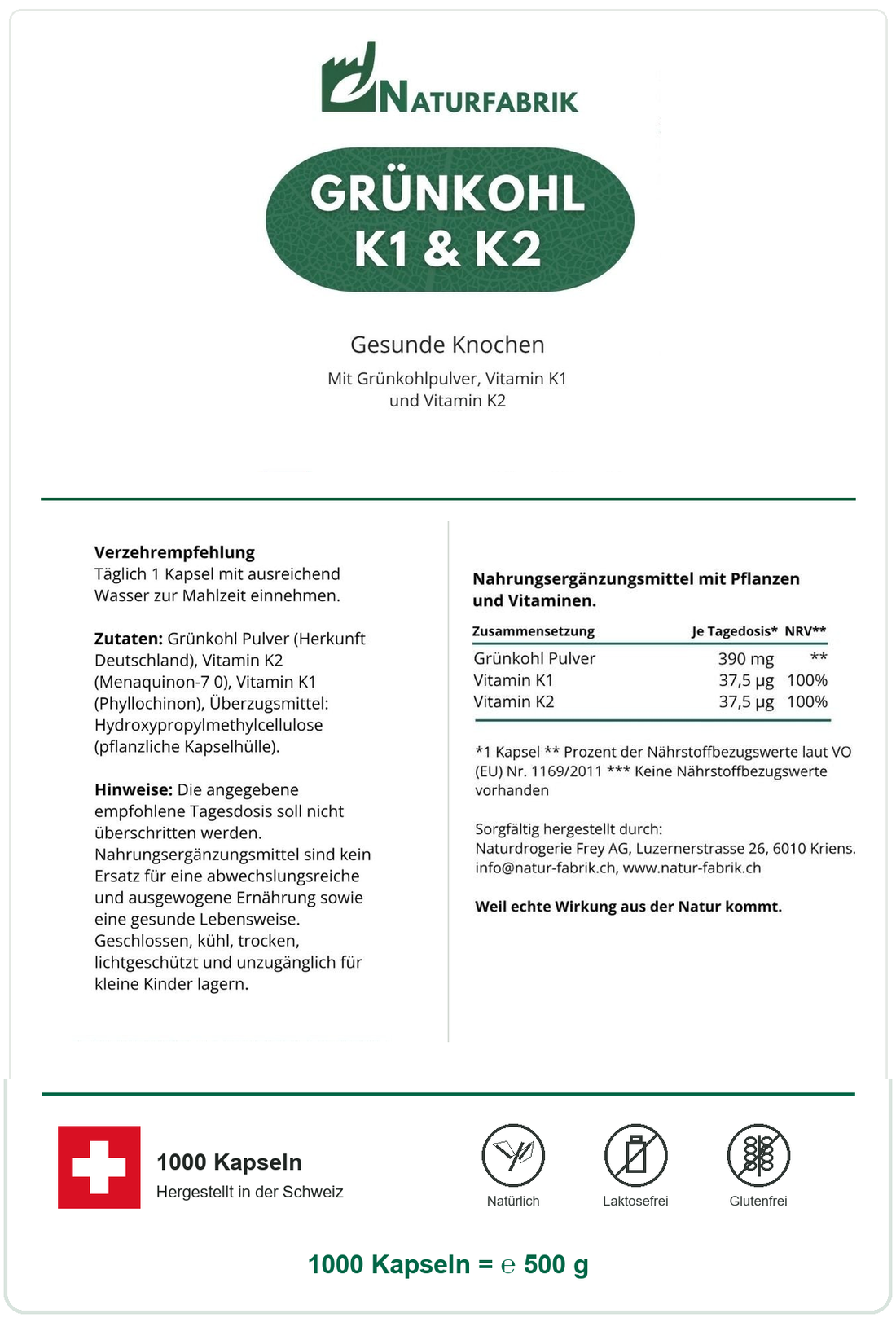 NATURFABRIK Grünkohl K1 &amp; K2 Kapseln 1000 Kapseln (BULK Doybag)
