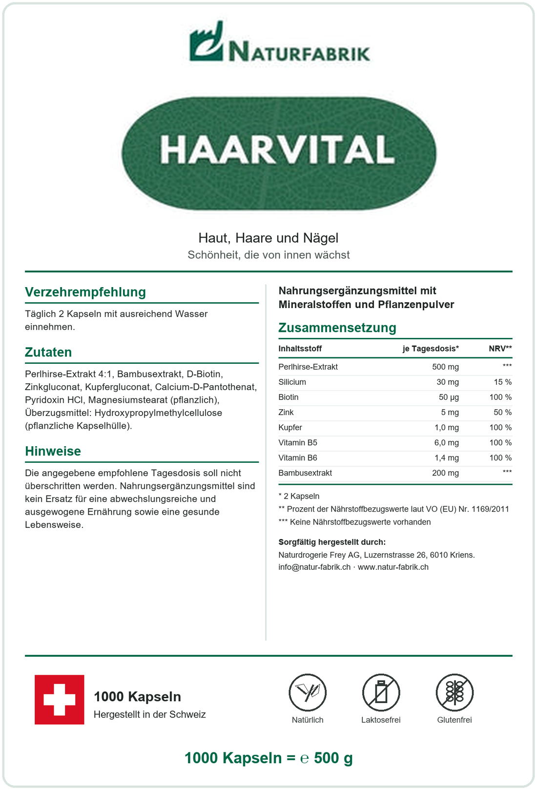 NATURFABRIK Haarvital Kapseln 1000 Kapseln (BULK Doybag)