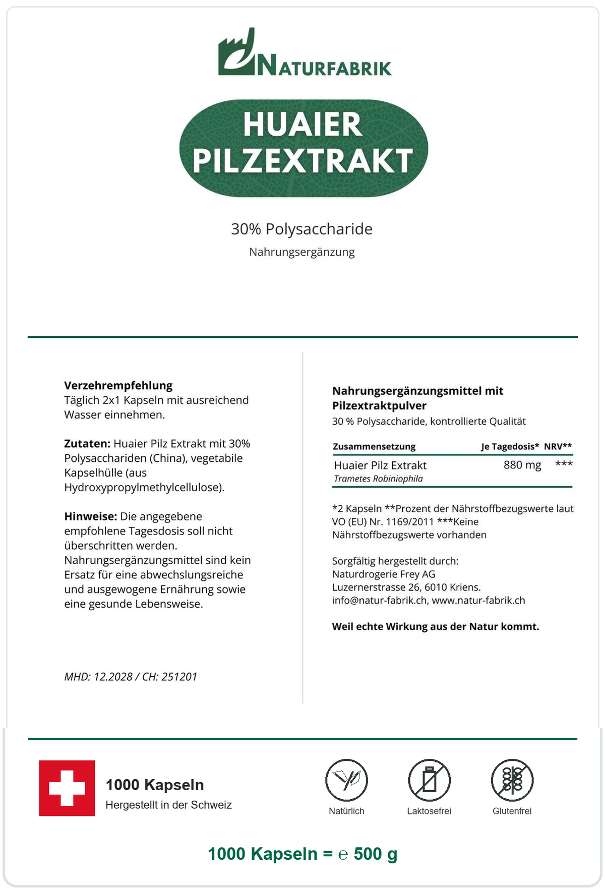 NATURFABRIK Huaier Pilzextrakt Kapseln 1000 Kapseln (BULK Doybag)