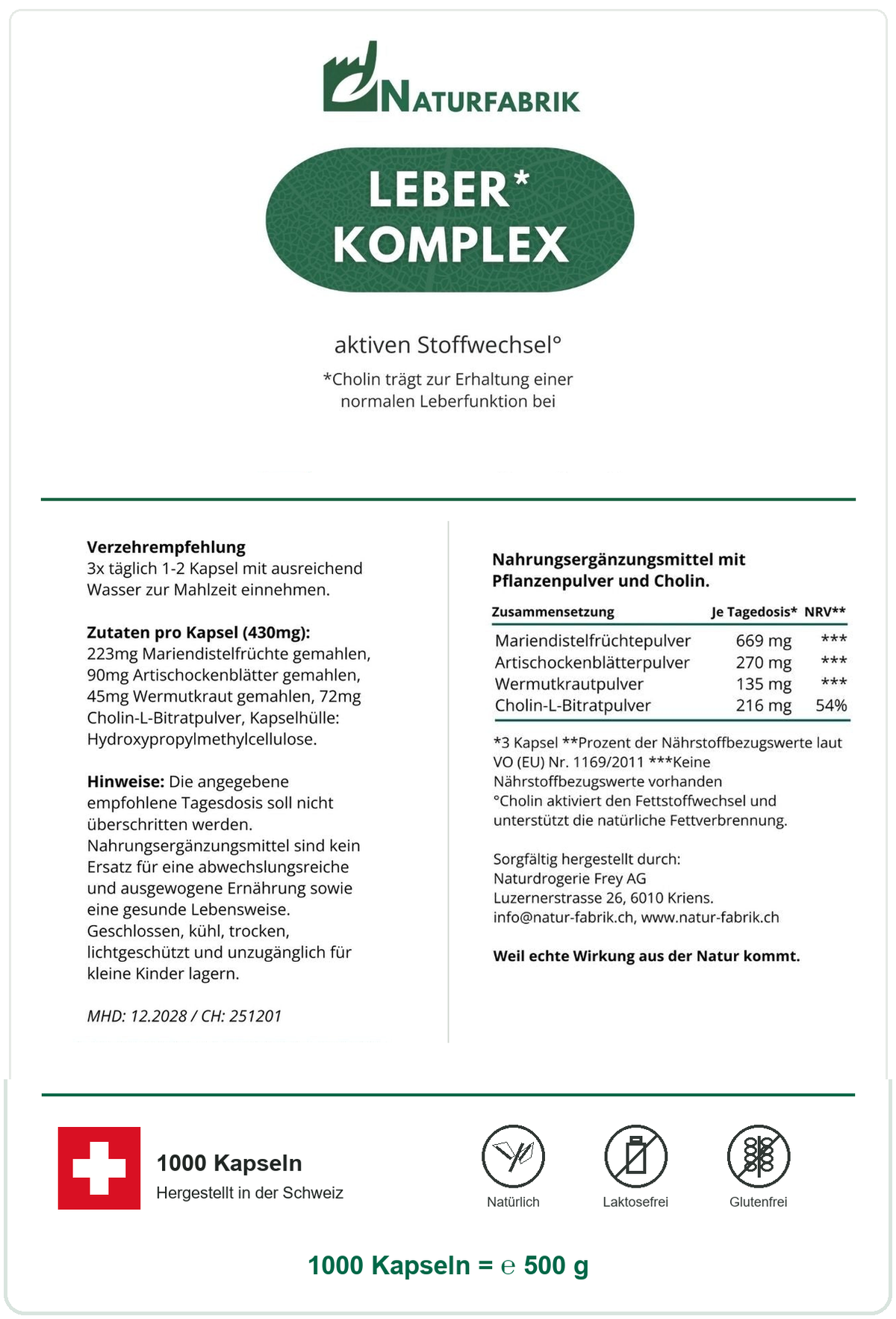NATURFABRIK Leber-Komplex Kapseln 1000 Kapseln (BULK Doybag)