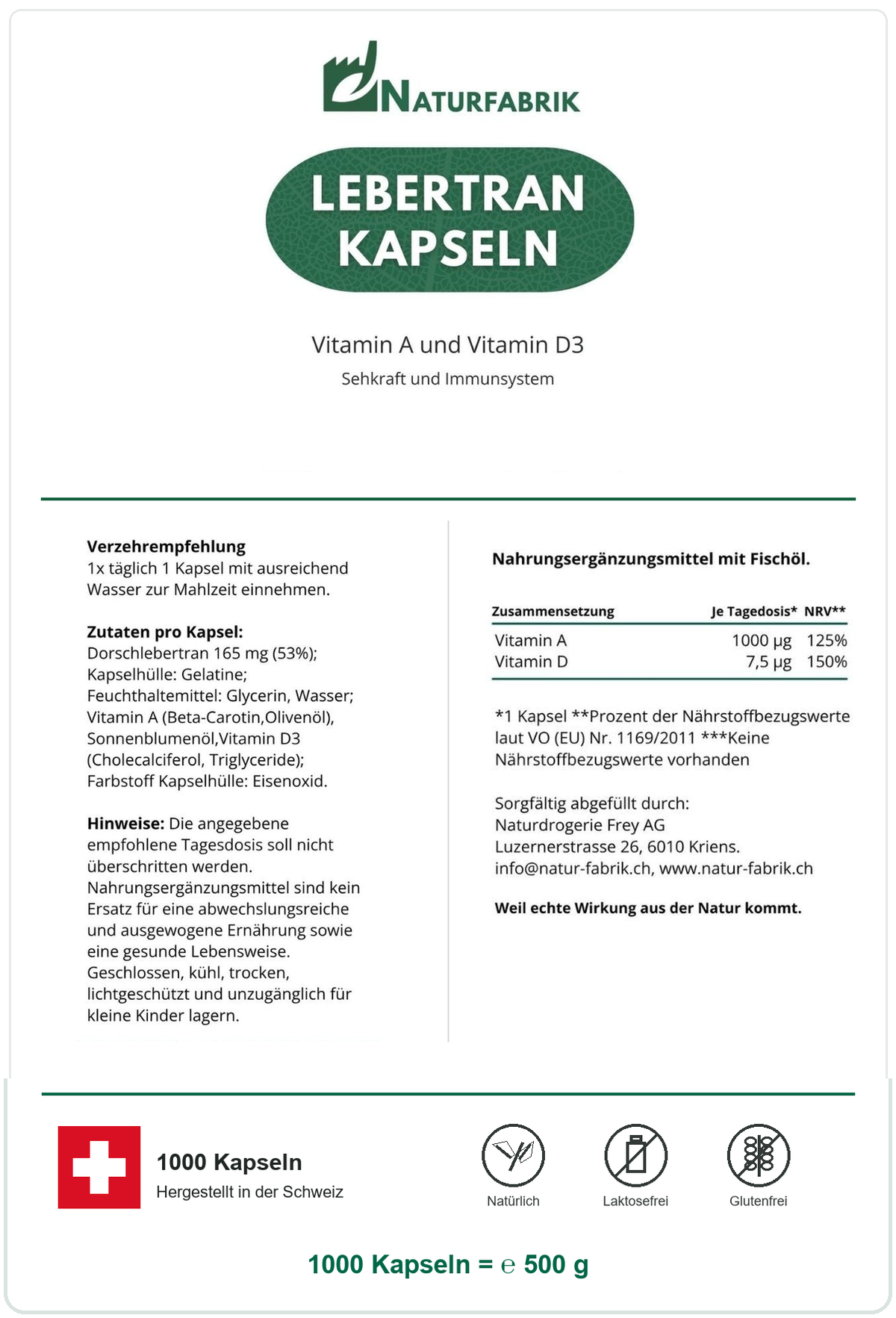 NATURFABRIK Lebertran Kapseln 1000 Kapseln (BULK Doybag)