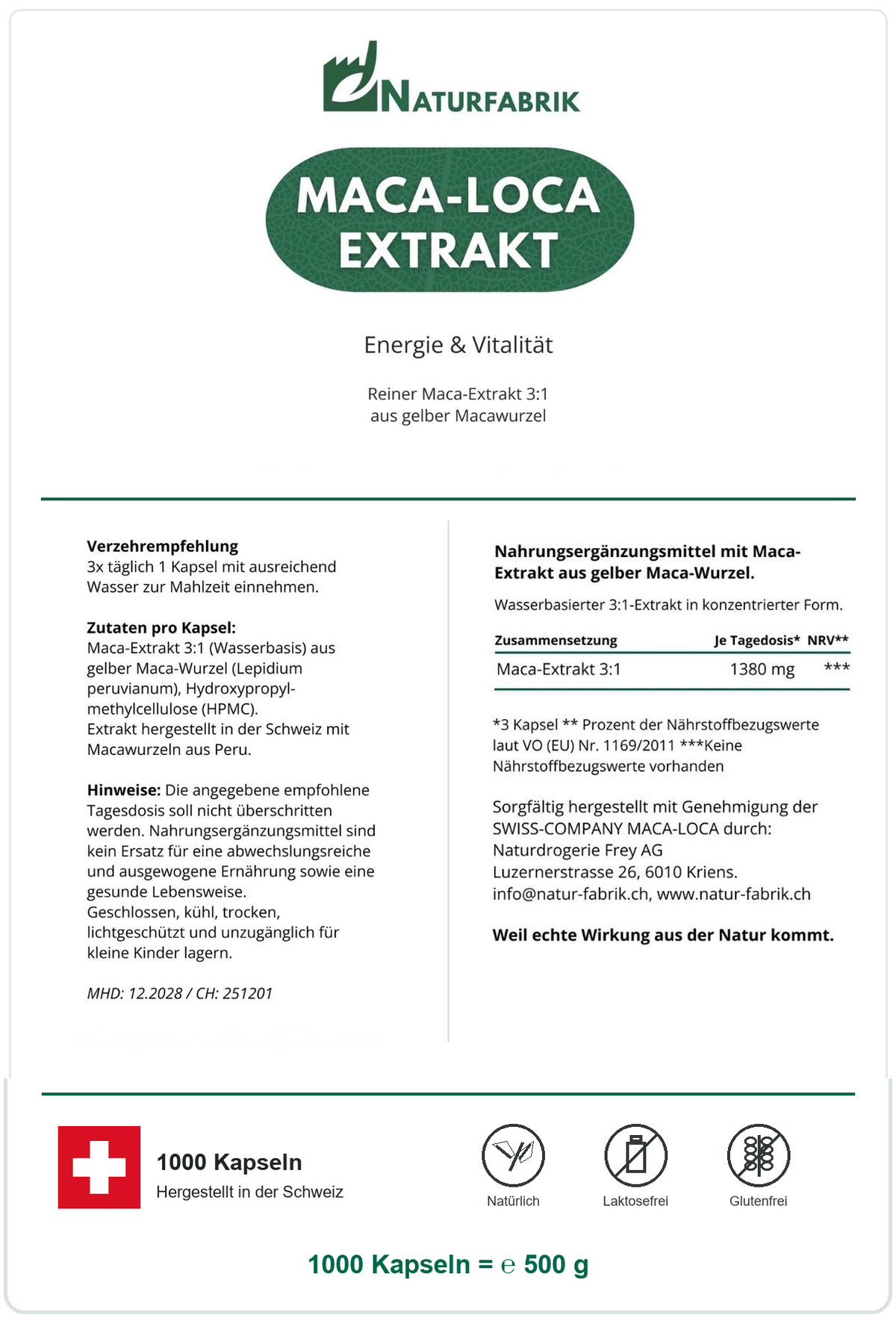NATURFABRIK Maca-Loca Extrakt Kapseln 1000 Kapseln (BULK Doybag)