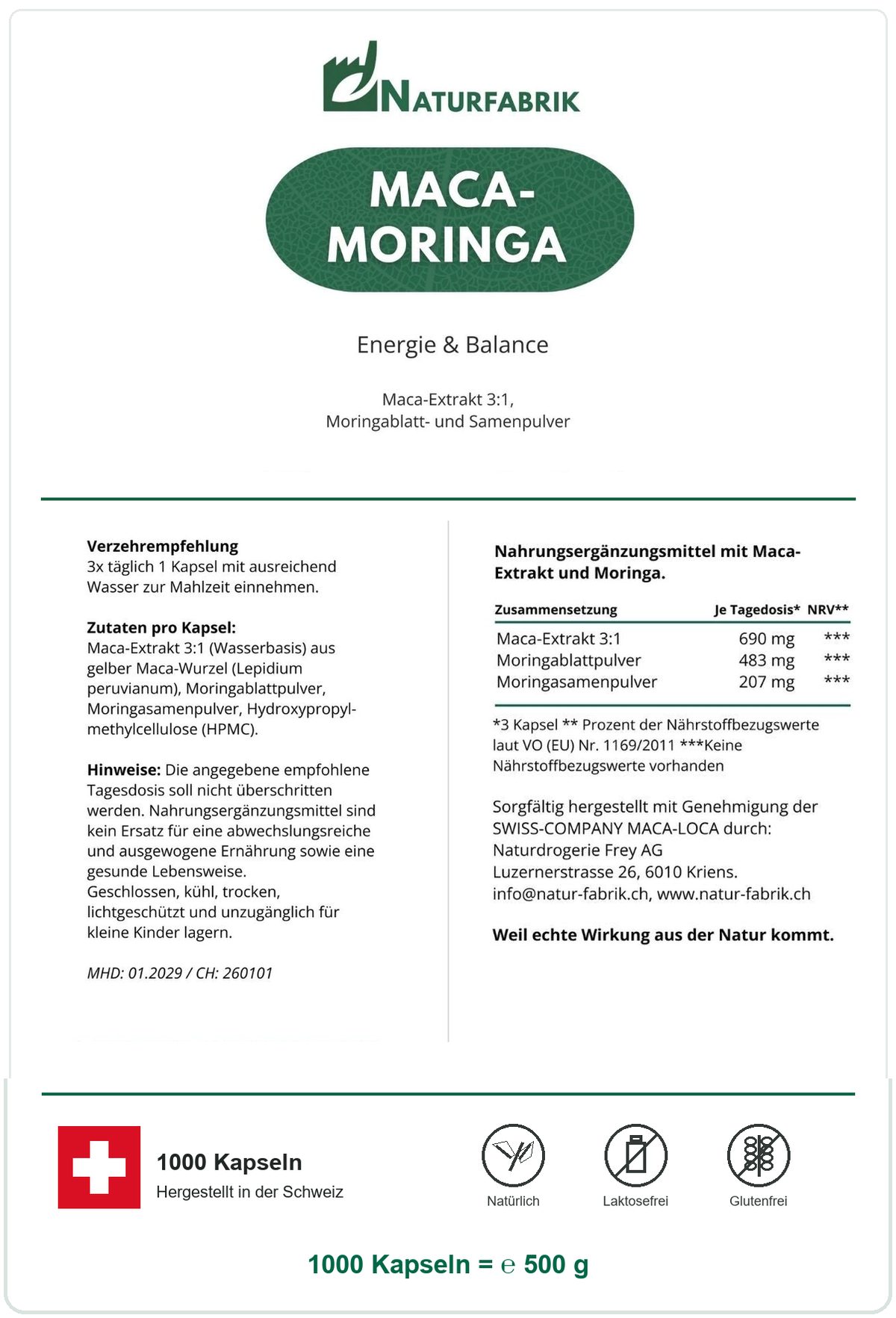 NATURFABRIK Maca-Moringa Kapseln 1000 Kapseln (BULK Doybag)