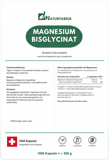 Etikett NATURFABRIK Magnesium Bisglycinat – 140 mg elementares Magnesium, 38% NRV je Tagesdosis, 1000 Kapseln = ℮ 500 g