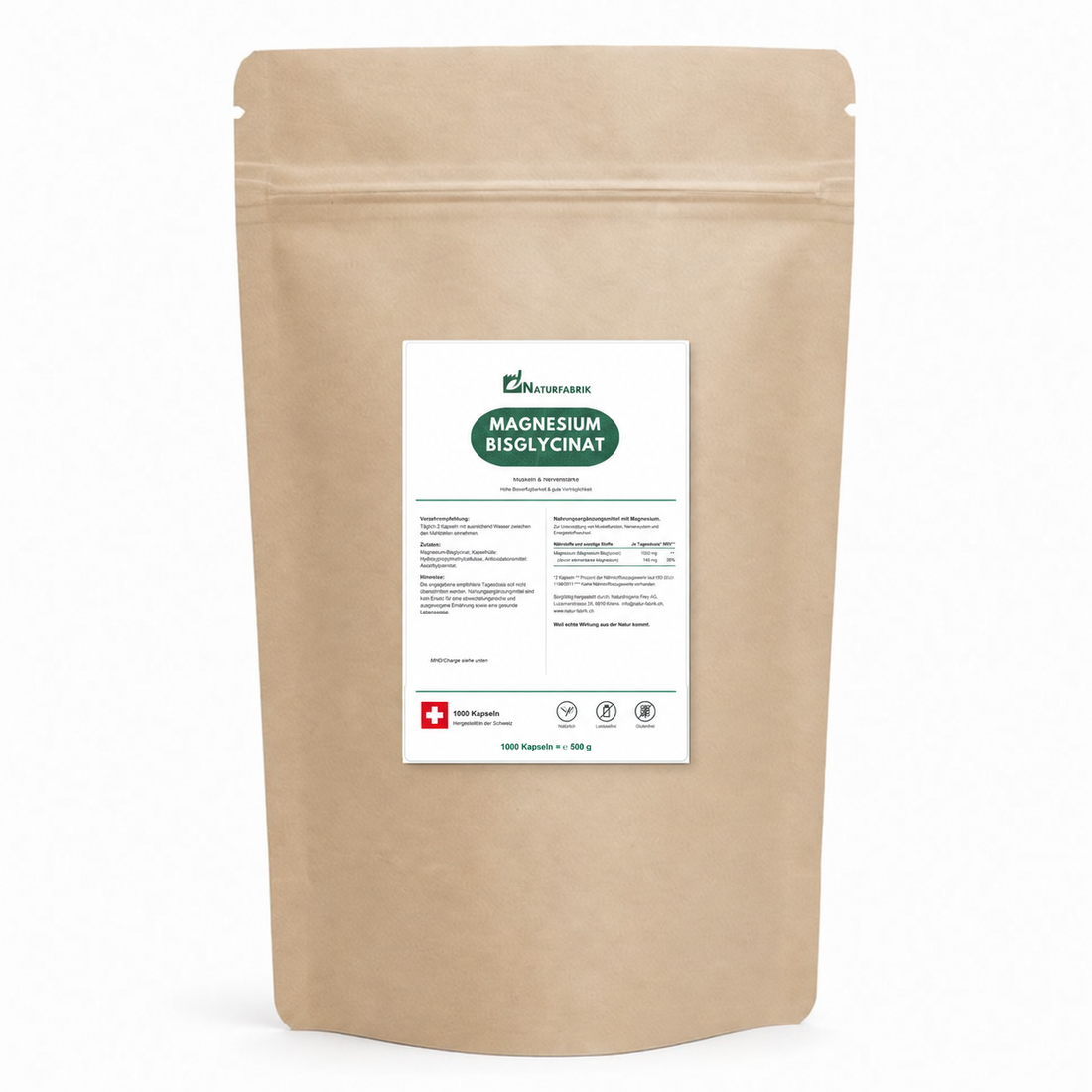 NATURFABRIK Magnesium Bisglycinat – Doybag mit 1000 Kapseln, 140 mg elementares Magnesium je Tagesdosis, 38% NRV