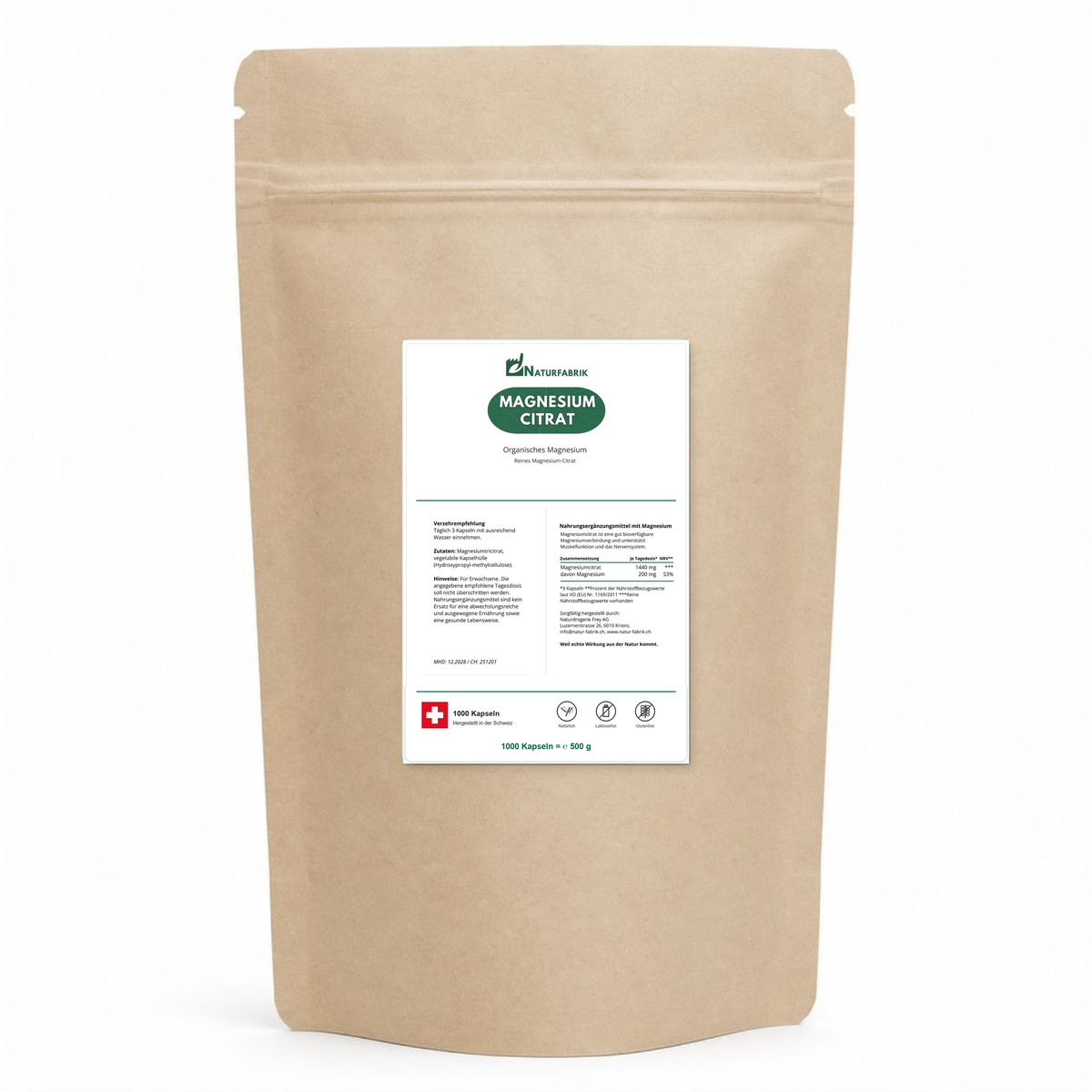 NATURFABRIK Magnesium Citrat Kapseln 1000 Kapseln (BULK Doybag)