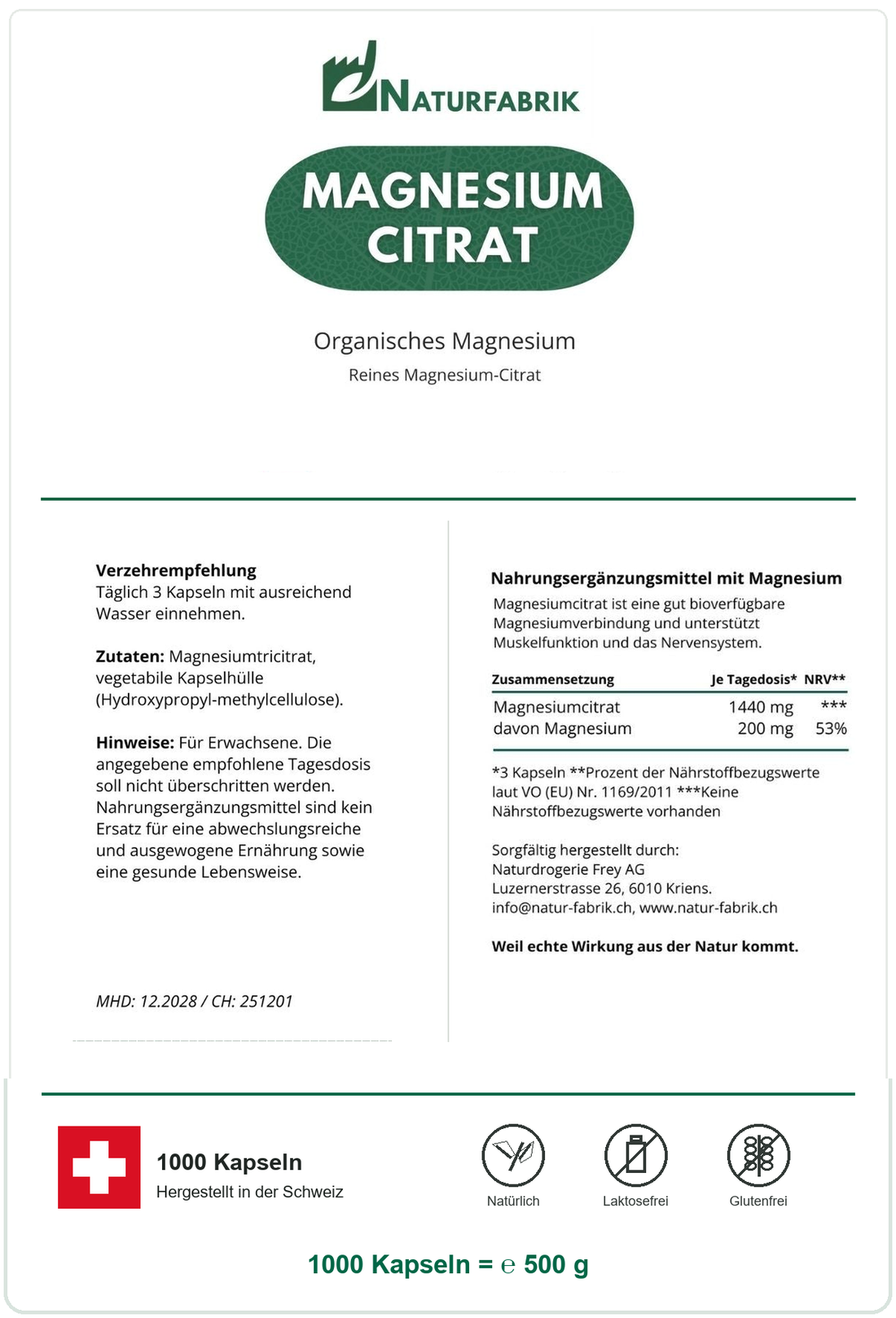 NATURFABRIK Magnesium Citrat Kapseln 1000 Kapseln (BULK Doybag)