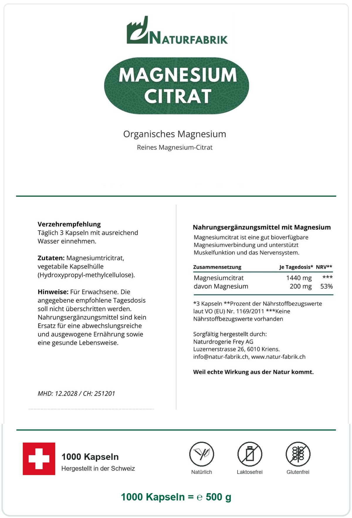 NATURFABRIK Magnesium Citrat Kapseln 1000 Kapseln (BULK Doybag)