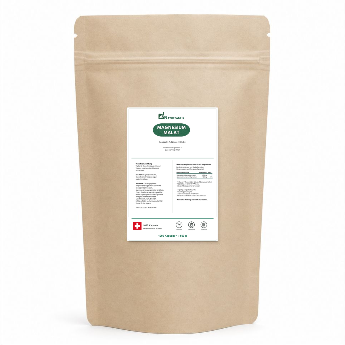 NATURFABRIK Magnesium Malat Kapseln 1000 Kapseln (BULK Doybag)