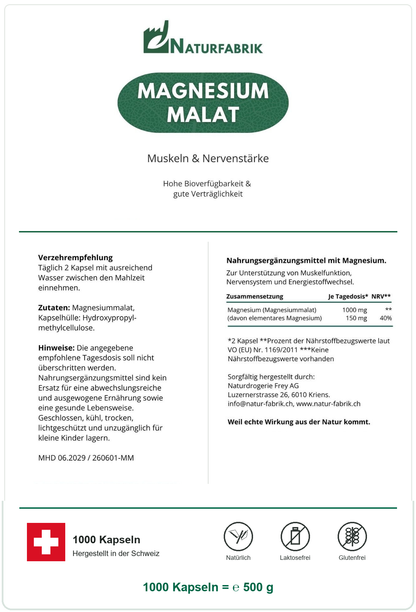 NATURFABRIK Magnesium Malat Kapseln 1000 Kapseln (BULK Doybag)