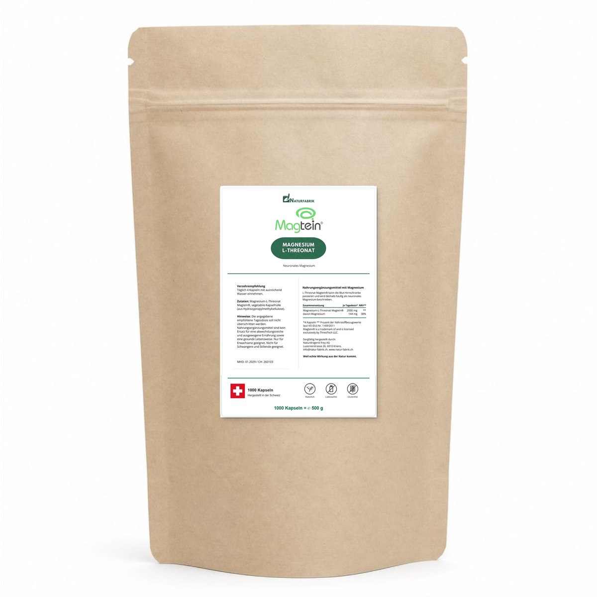 NATURFABRIK Magnesium-L-Threonat Magtein® Kaps 1000 Kapseln (BULK Doybag)