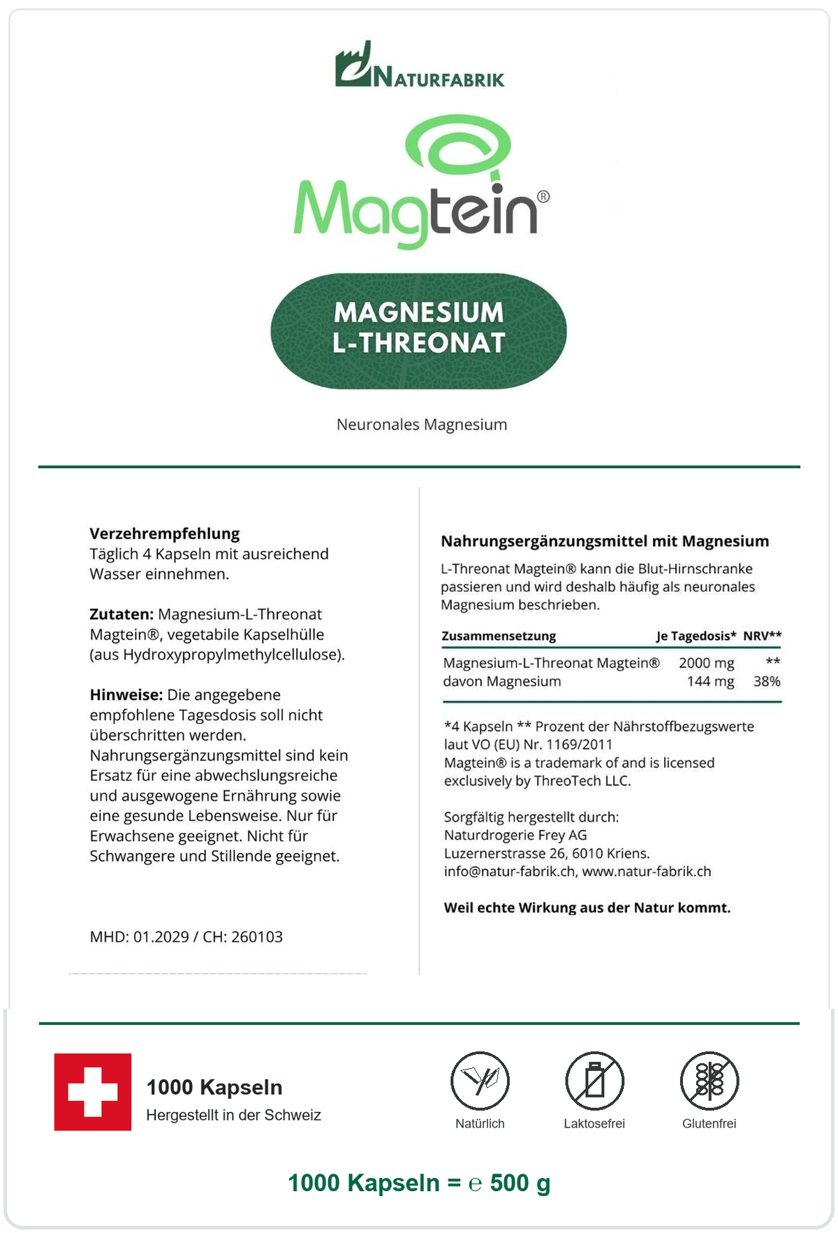 NATURFABRIK Magnesium-L-Threonat Magtein® Kaps 1000 Kapseln (BULK Doybag)