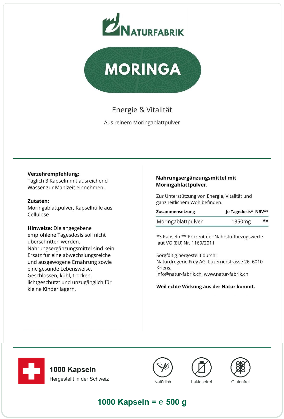 NATURFABRIK Moringa Kapseln 1000 Kapseln (BULK Doybag)