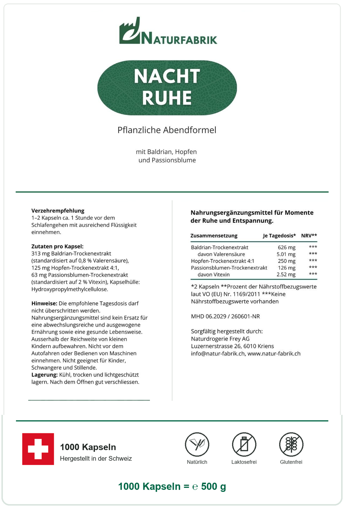 NATURFABRIK Nacht Ruhe Kapseln 1000 Kapseln (BULK Doybag)