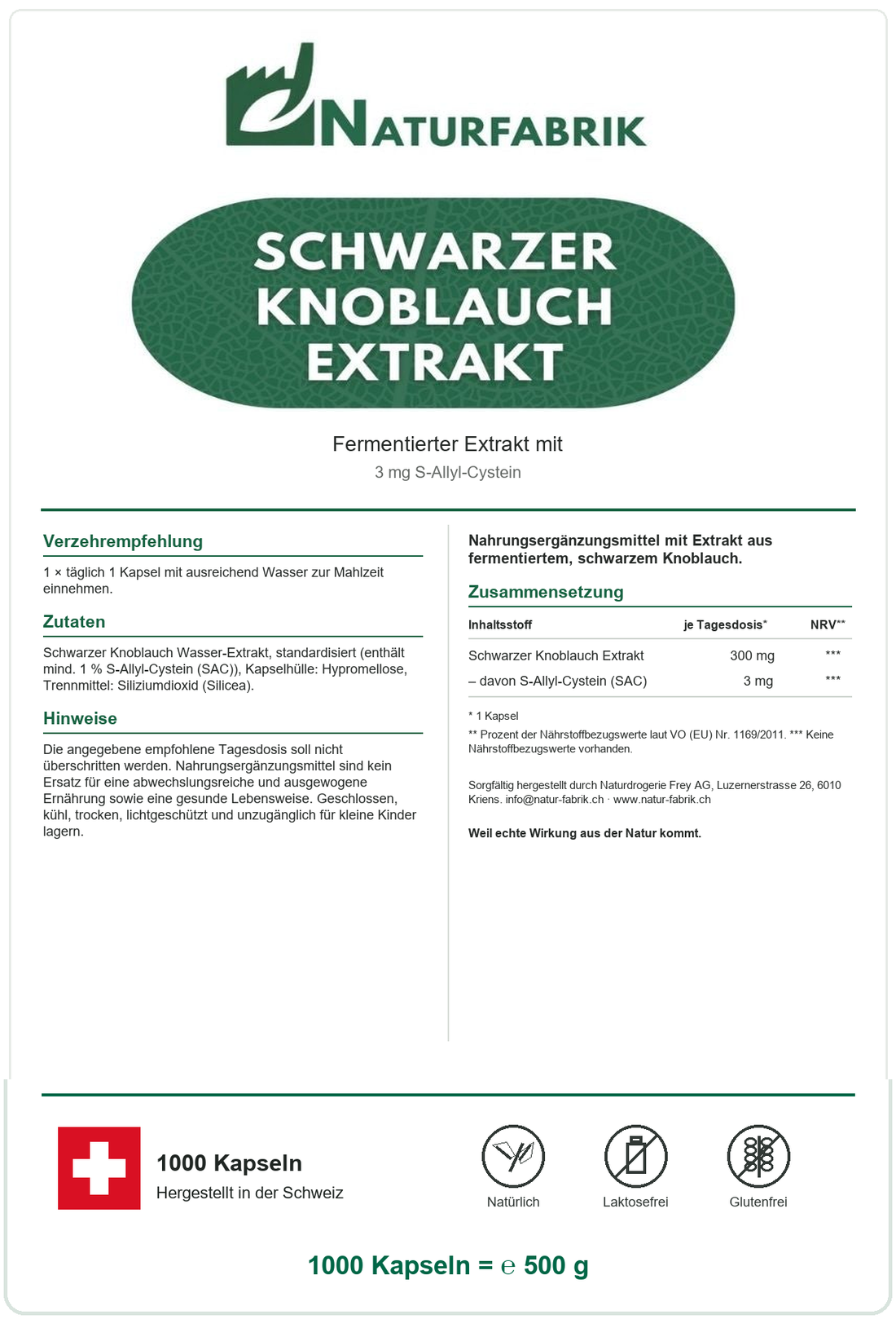 NATURFABRIK Schwarzer Knoblauch Extrakt Kapseln 1000 Kapseln (BULK Doybag)
