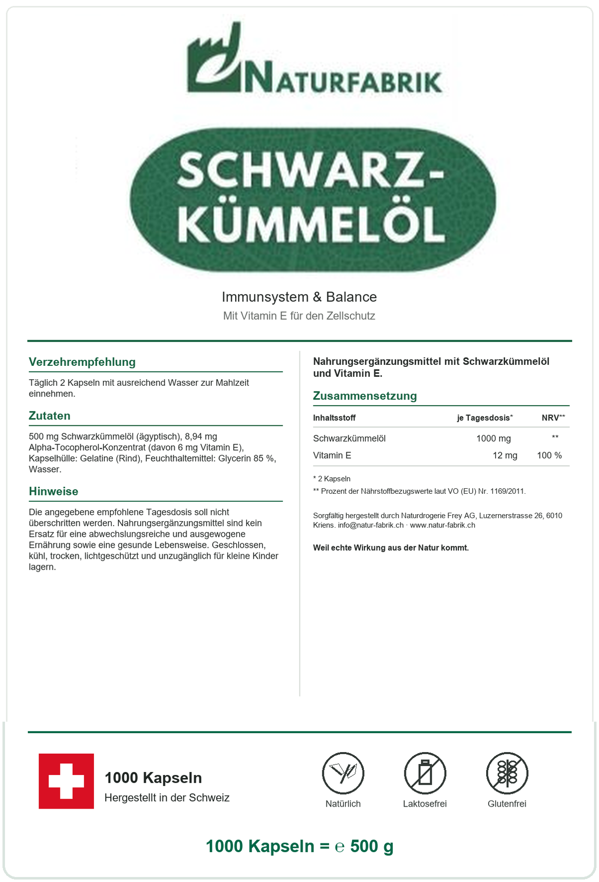 NATURFABRIK Schwarzkümmelöl Kapseln 1000 Kapseln (BULK Doybag)