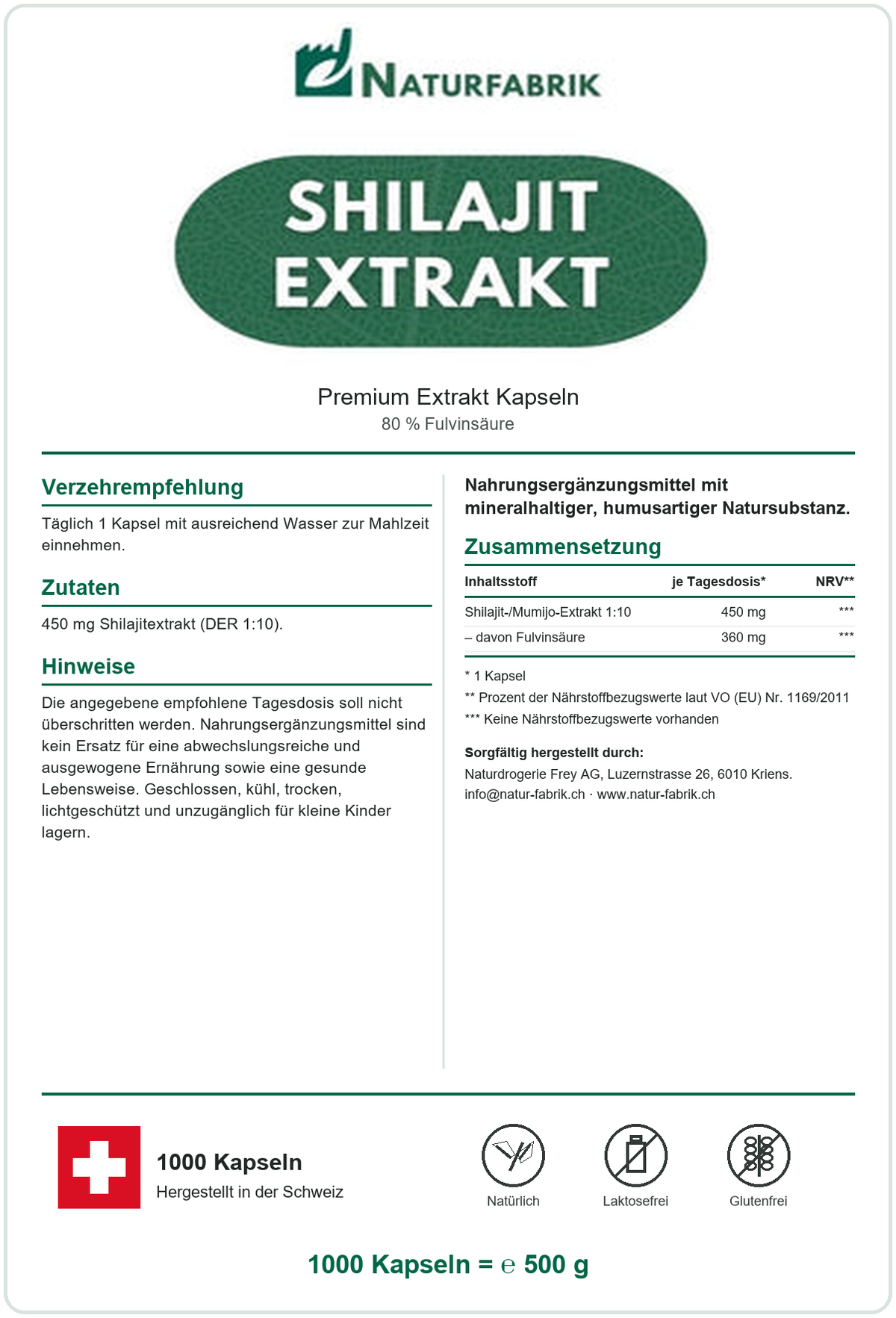 NATURFABRIK Shilajit Mumijo Extrakt Kapseln 1000 Kapseln (BULK Doybag)