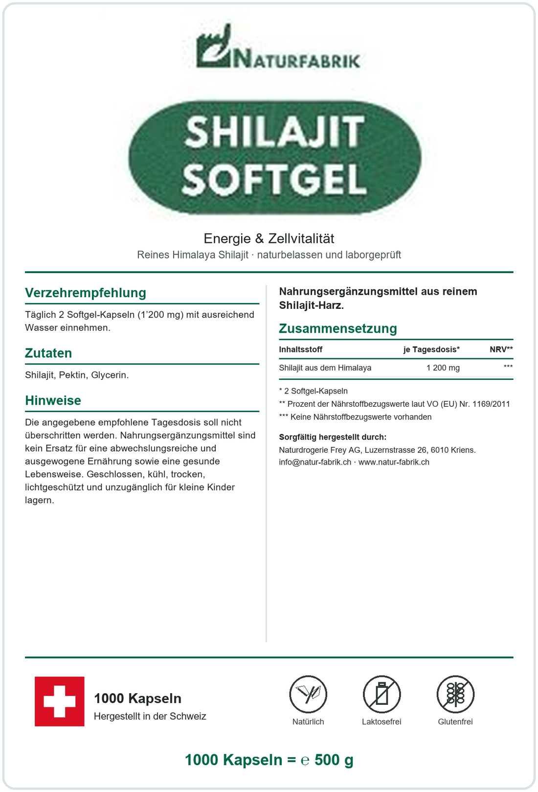 NATURFABRIK Shilajit Softgel Kapseln 1000 Kapseln (BULK Doybag)
