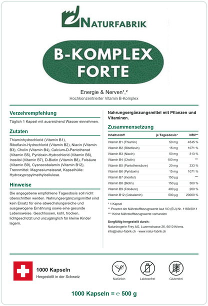 NATURFABRIK Vitamin B-Komplex Forte Kapseln 1000 Kapseln (BULK Doybag)