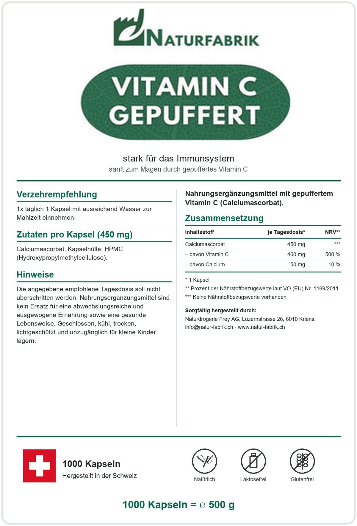 NATURFABRIK Vitamin C Gepuffert Kapseln 1000 Kapseln (BULK Doybag)